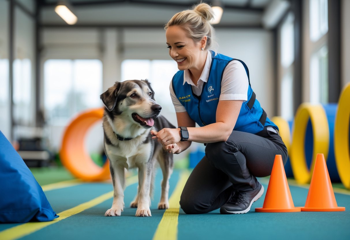A dog trainer working with a well-behaved dog inside a modern training facility.