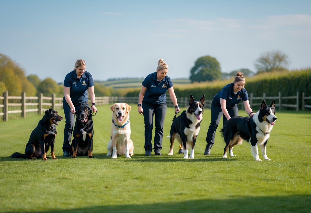 Dogs of various breeds being trained by attentive trainers on a grassy field in the UK countryside.
