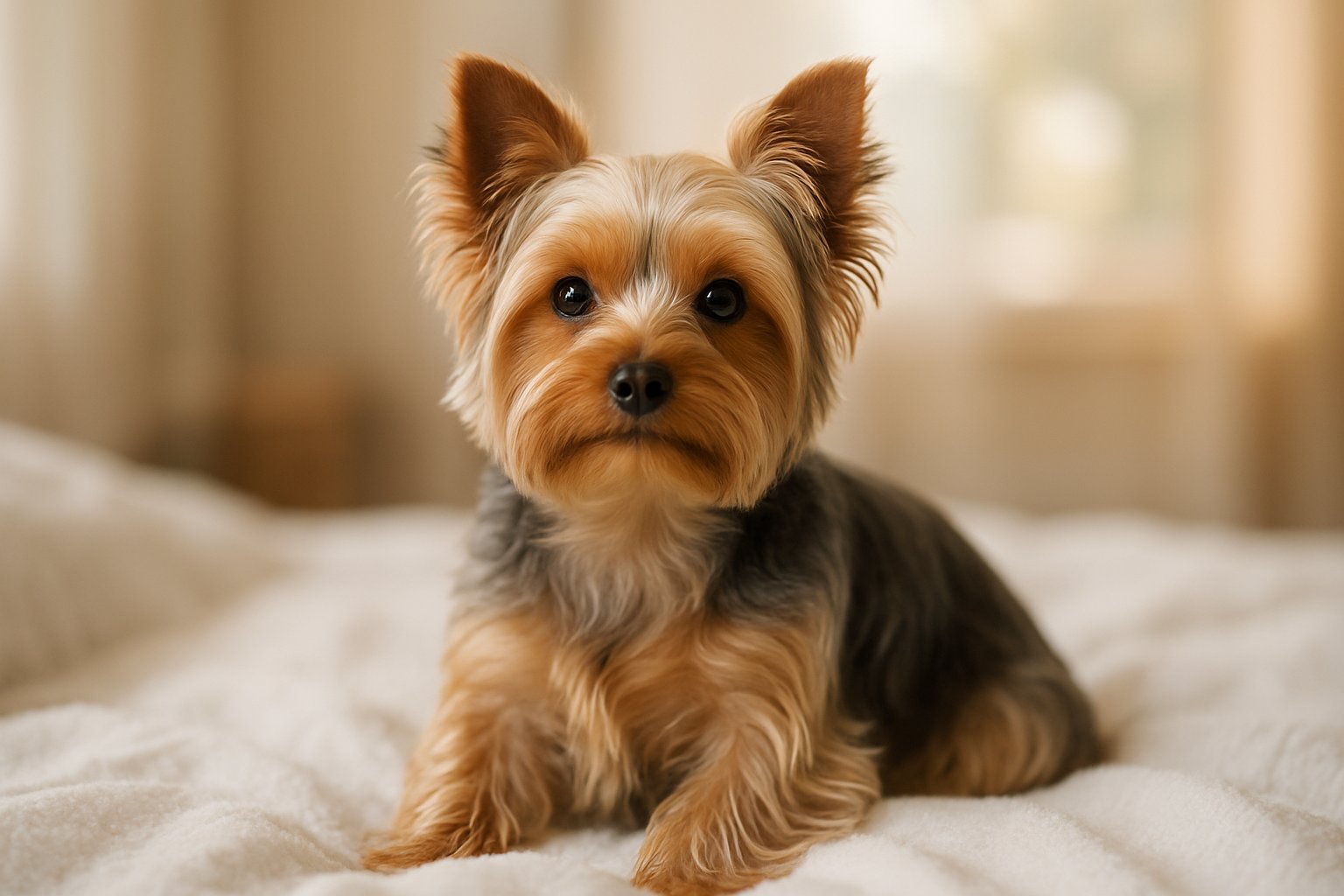 A Yorkshire Terrier sitting on a white blanket looking towards the camera.