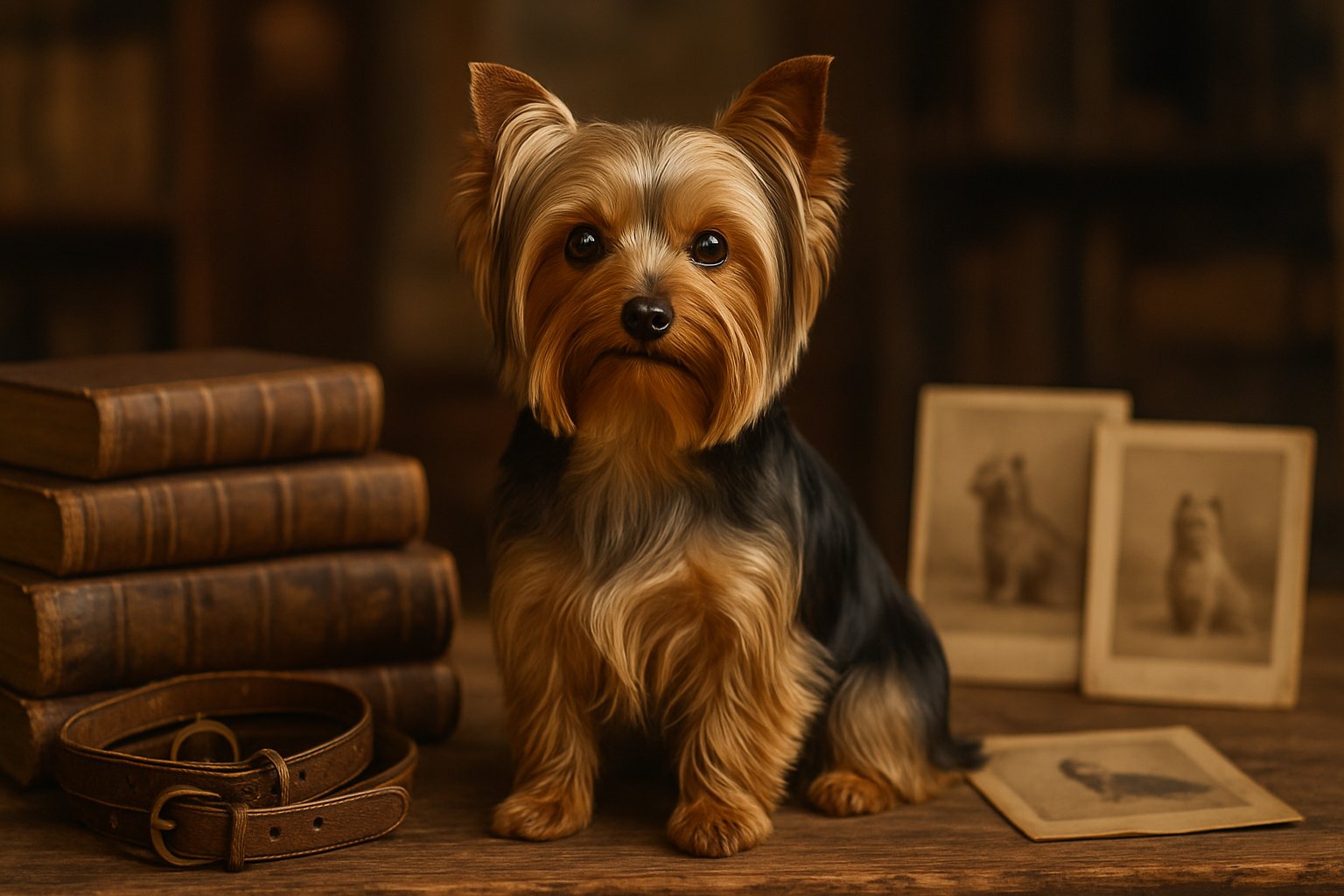 A Yorkshire Terrier sitting on a wooden surface with old books and vintage dog collars in the background.