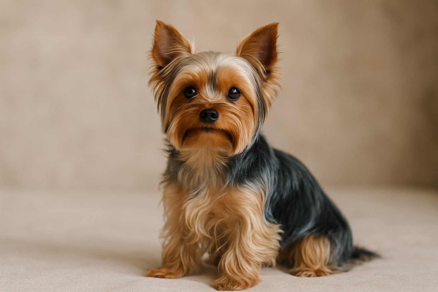 A Yorkshire Terrier sitting calmly with its silky blue and tan coat and alert ears visible.