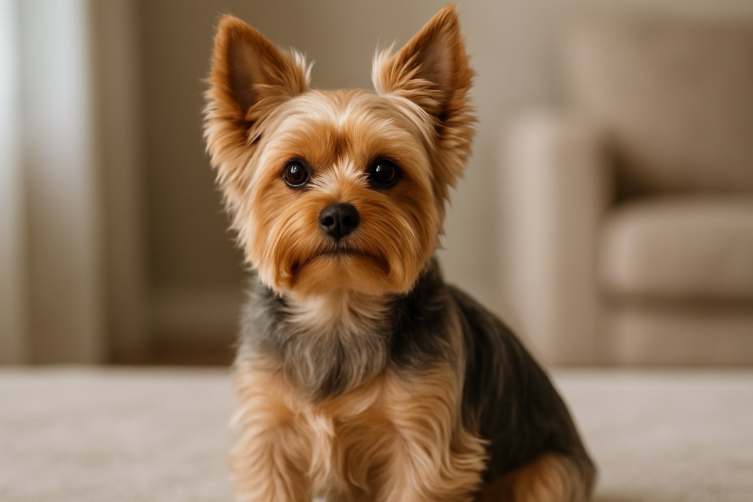 A Yorkshire Terrier sitting attentively on a soft surface indoors with a blurred background.