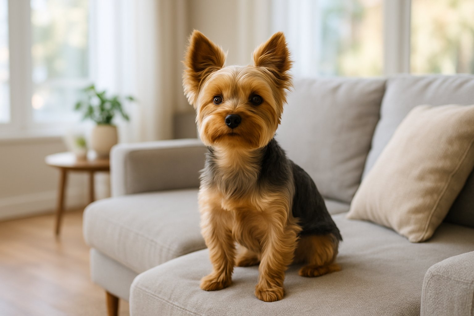 A Yorkshire Terrier sitting on a sofa in a bright living room with natural light.
