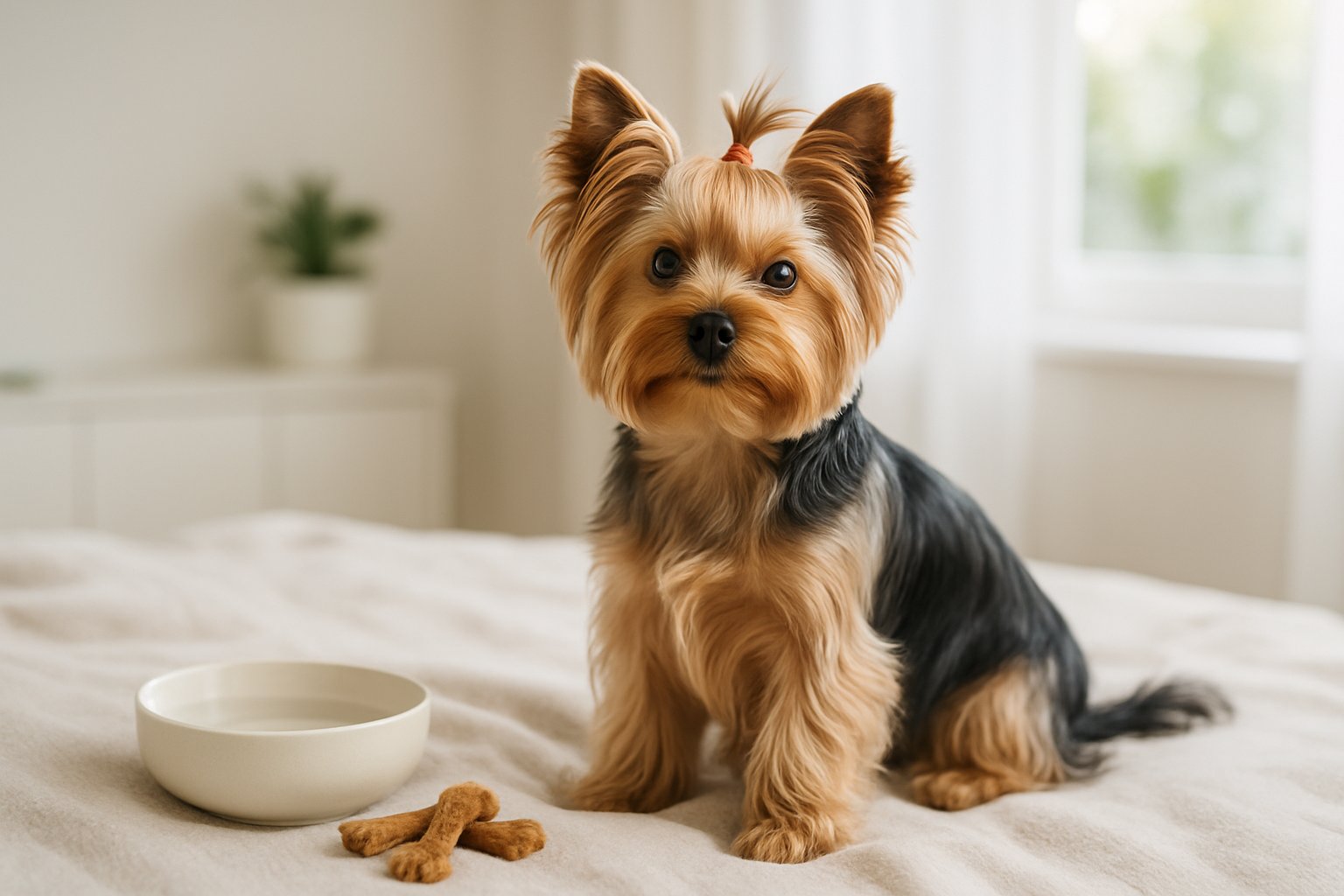 A Yorkshire Terrier sitting calmly on a light blanket in a bright room with natural light.