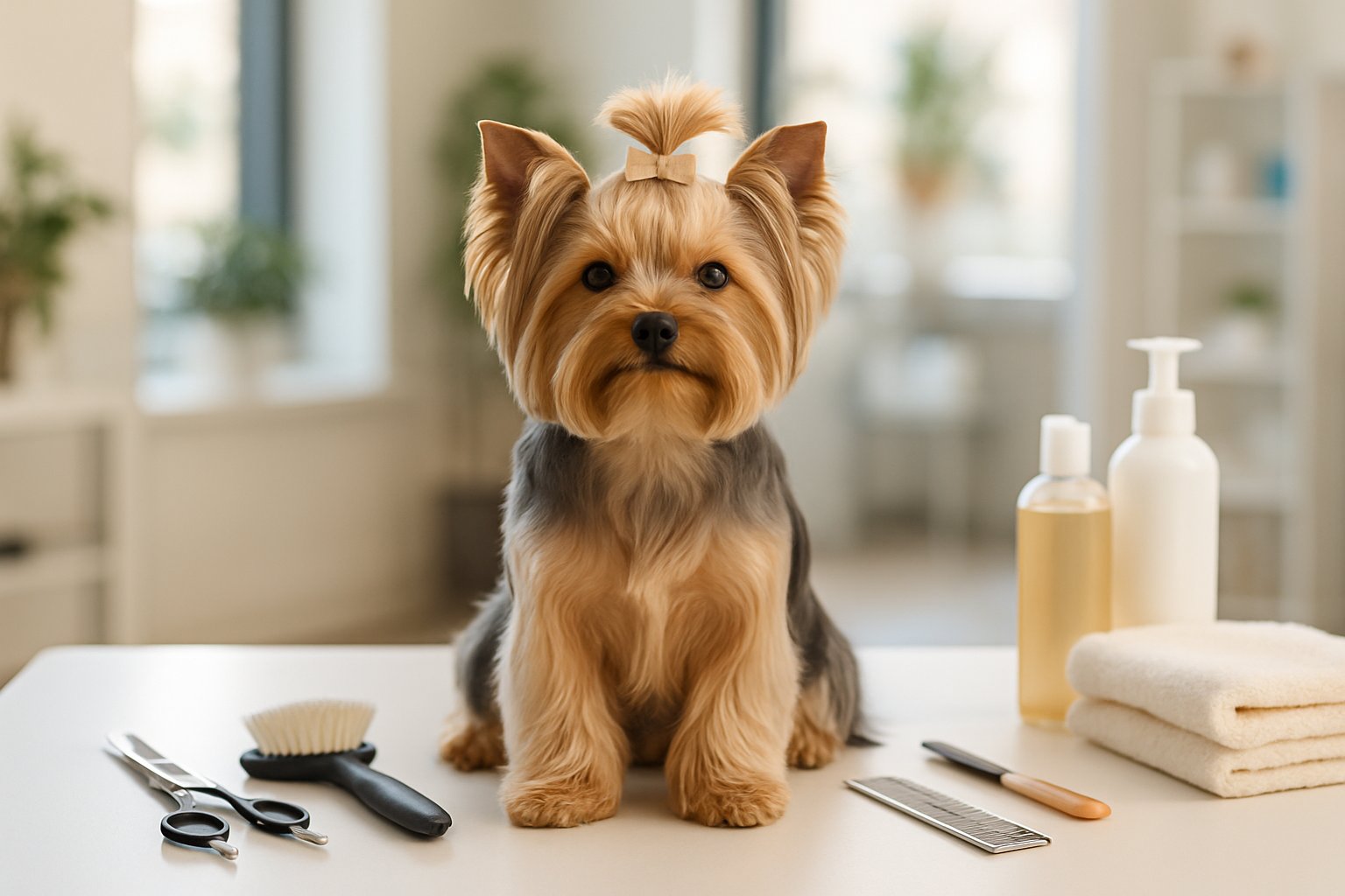 A Yorkshire Terrier sitting on a grooming table surrounded by grooming tools and care products in a bright salon.