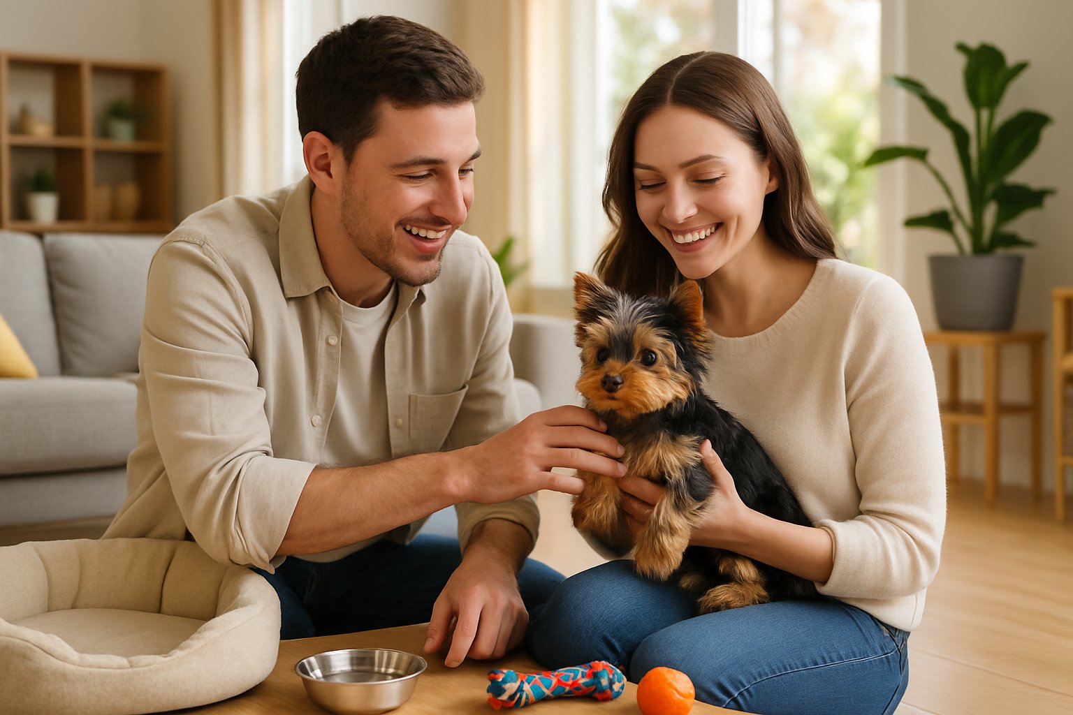 A person holding a small Yorkshire Terrier puppy in a bright living room with dog toys and a bed nearby.