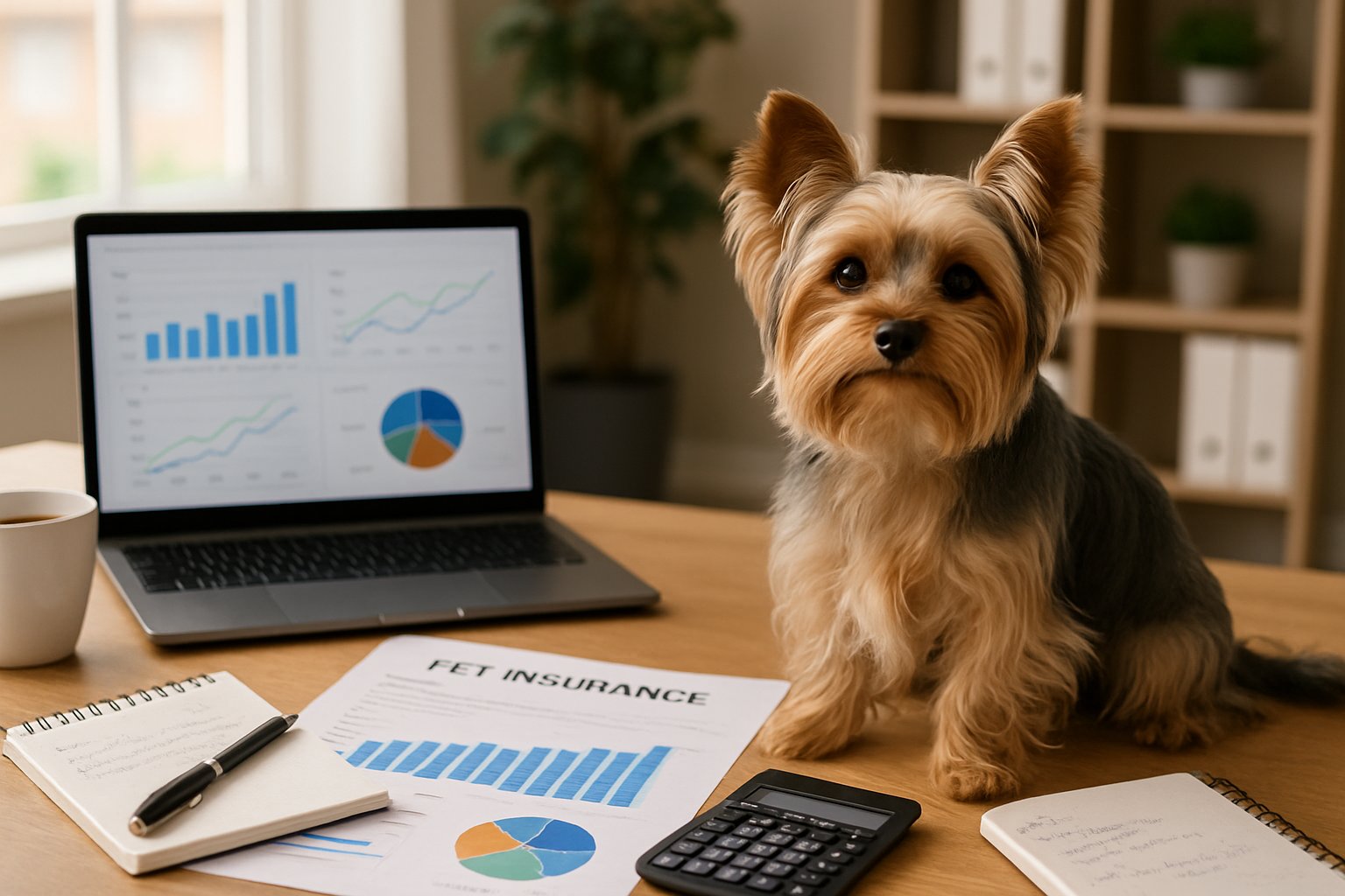 A Yorkshire Terrier sitting on a desk next to financial documents, a calculator, and a laptop in a modern office.