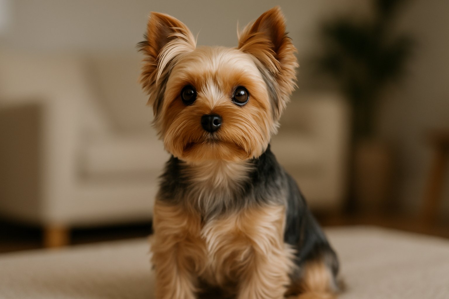 A Yorkshire Terrier sitting on a soft surface indoors with a blurred background.