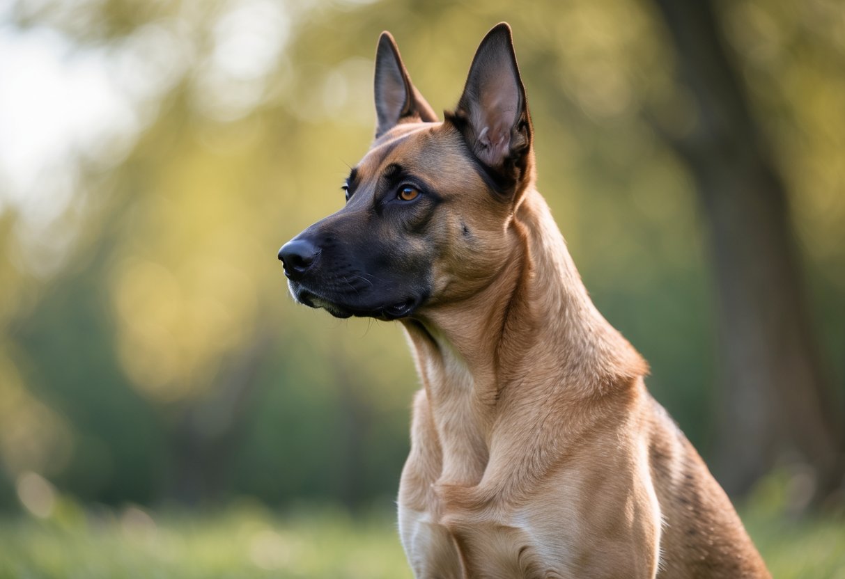 A Belgian Malinois dog standing alert outdoors with green blurred background.