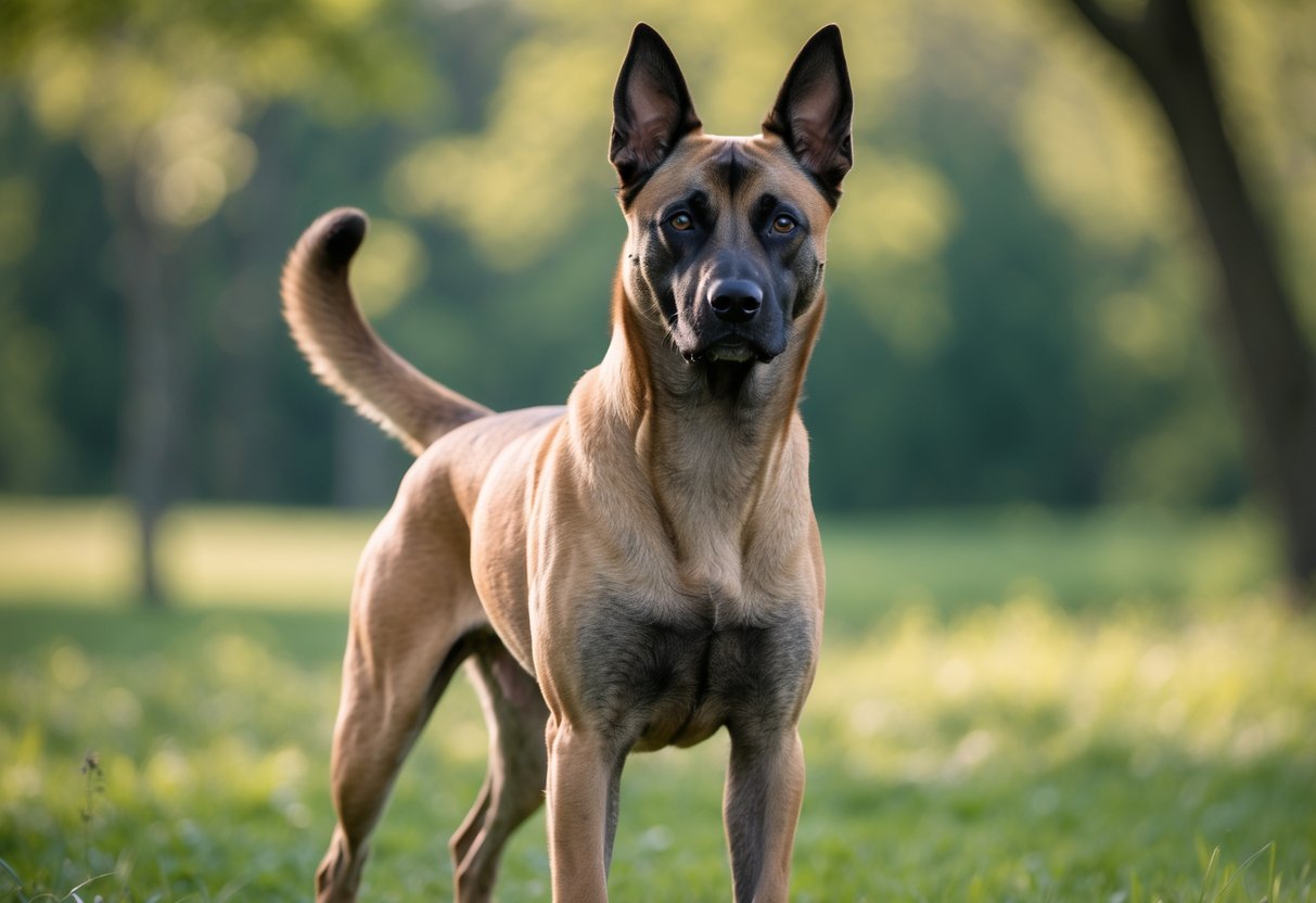 A Belgian Malinois dog standing alert outdoors with green grass and trees in the background.