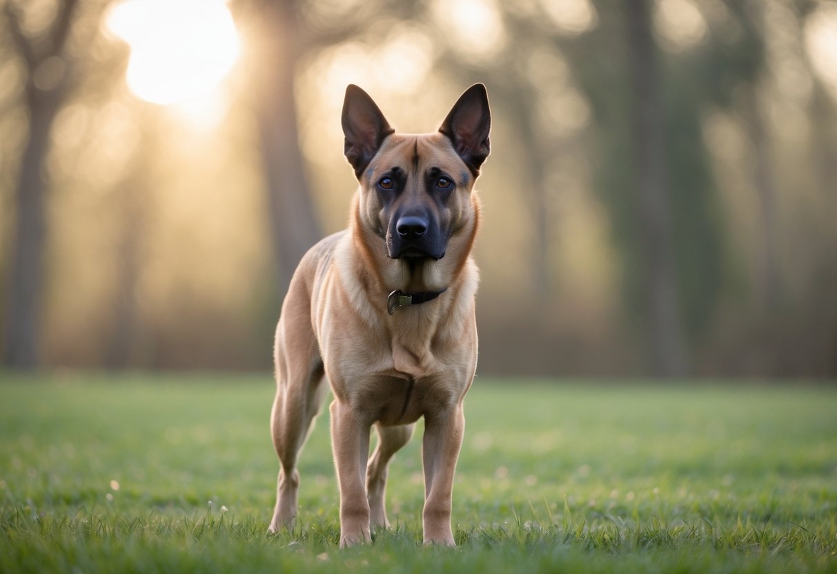 A Belgian Malinois dog standing alert on a grassy field with trees in the background.