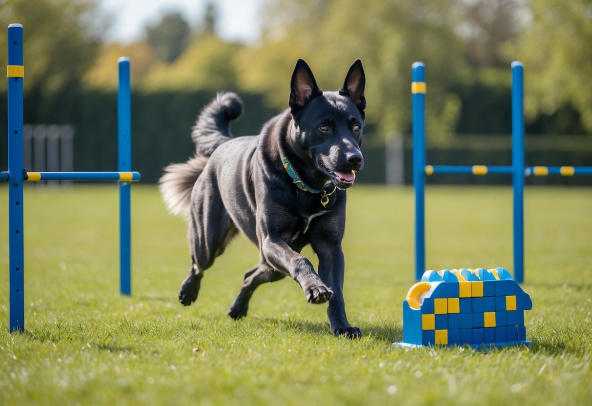 A Belgian Malinois dog running through an agility course in a sunny park.