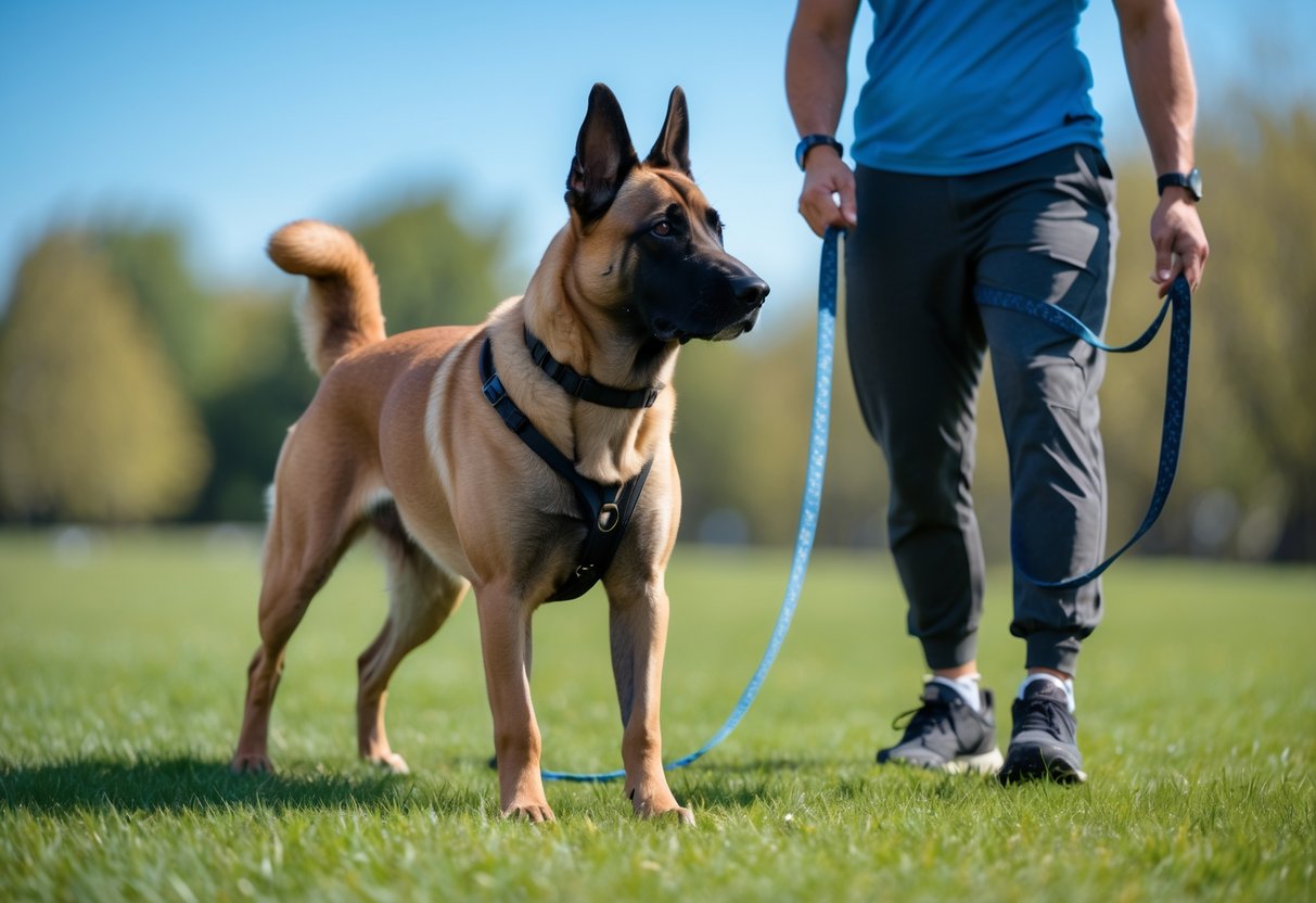 A Belgian Malinois dog standing attentively on grass with a person holding a training leash in a park.