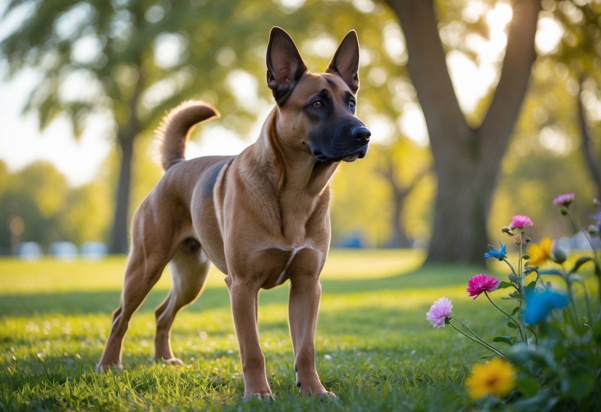 A Belgian Malinois dog standing alert on green grass in a sunny park.