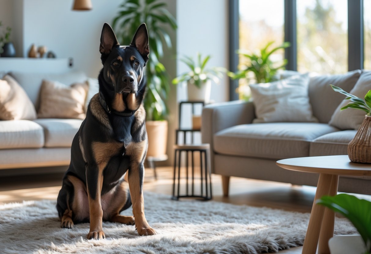 A Belgian Malinois dog sitting attentively in a bright and cosy living room with modern furnishings.