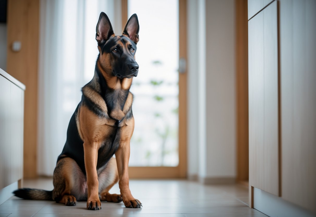 A Belgian Malinois dog sitting attentively indoors with soft natural light and a blurred background.