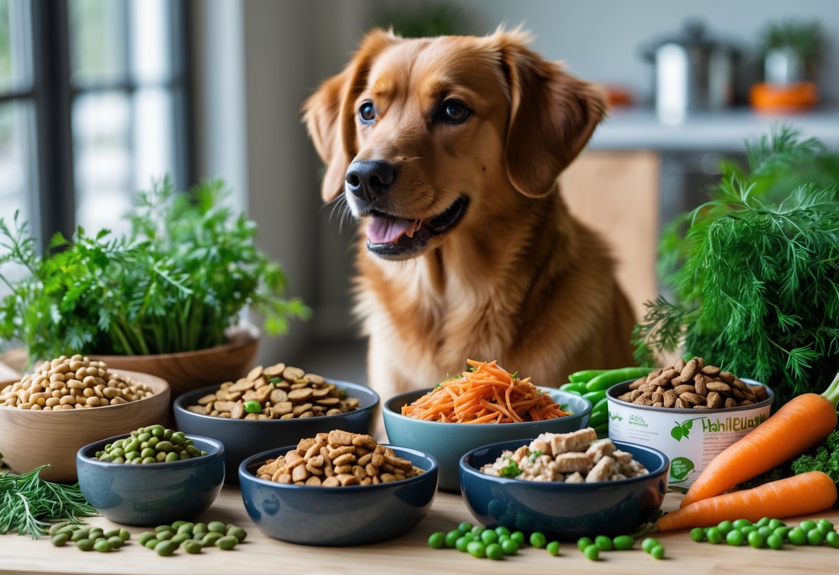 A happy dog looking at bowls of different types of dog food and fresh ingredients on a wooden table.