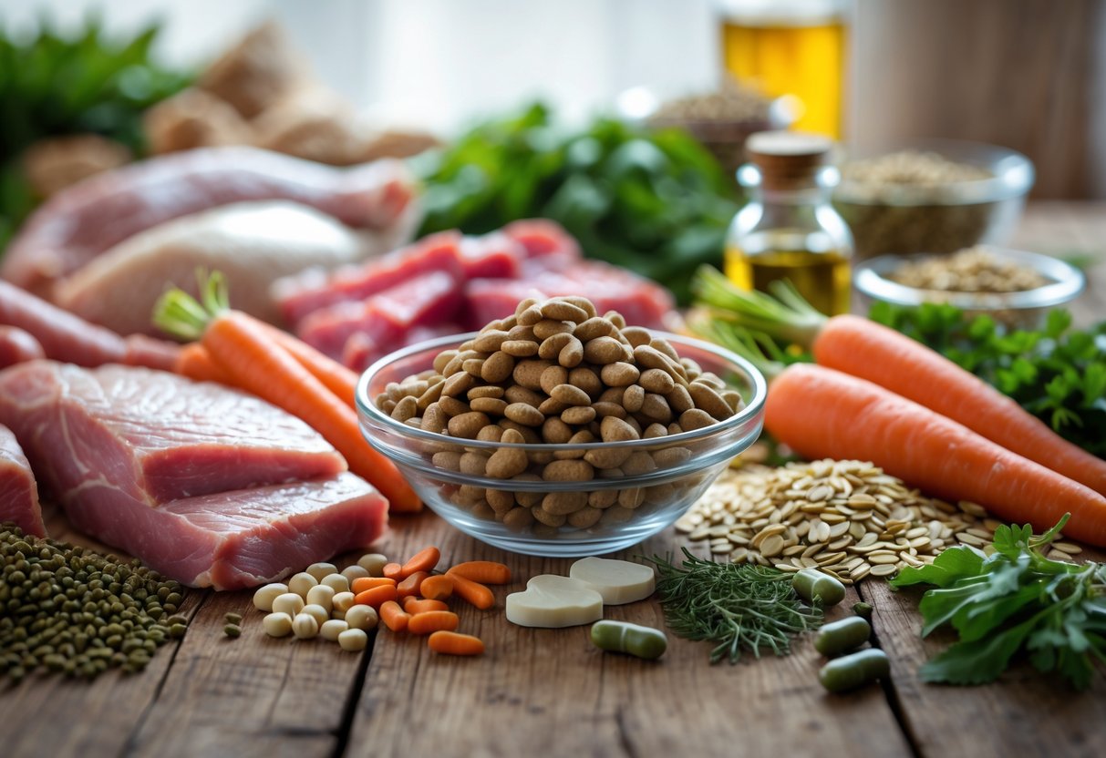 An assortment of fresh dog food ingredients including meats, vegetables, grains, and a bowl of dry dog kibble on a wooden table.