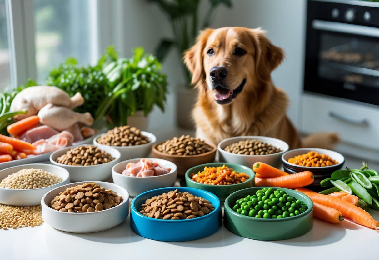 A variety of dog food types displayed in bowls with fresh ingredients and a dog sitting in the background.