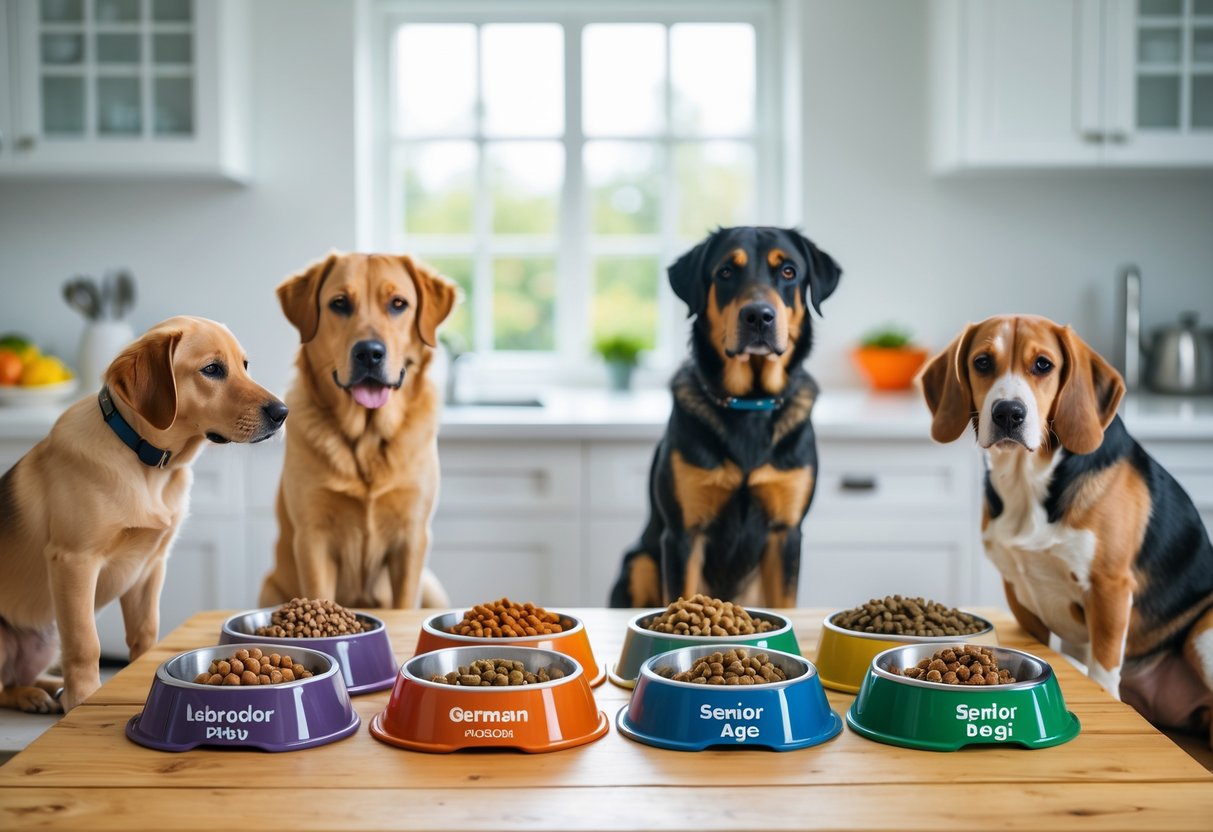 Several dogs of different breeds and ages near bowls of dog food arranged on a wooden table in a bright kitchen.
