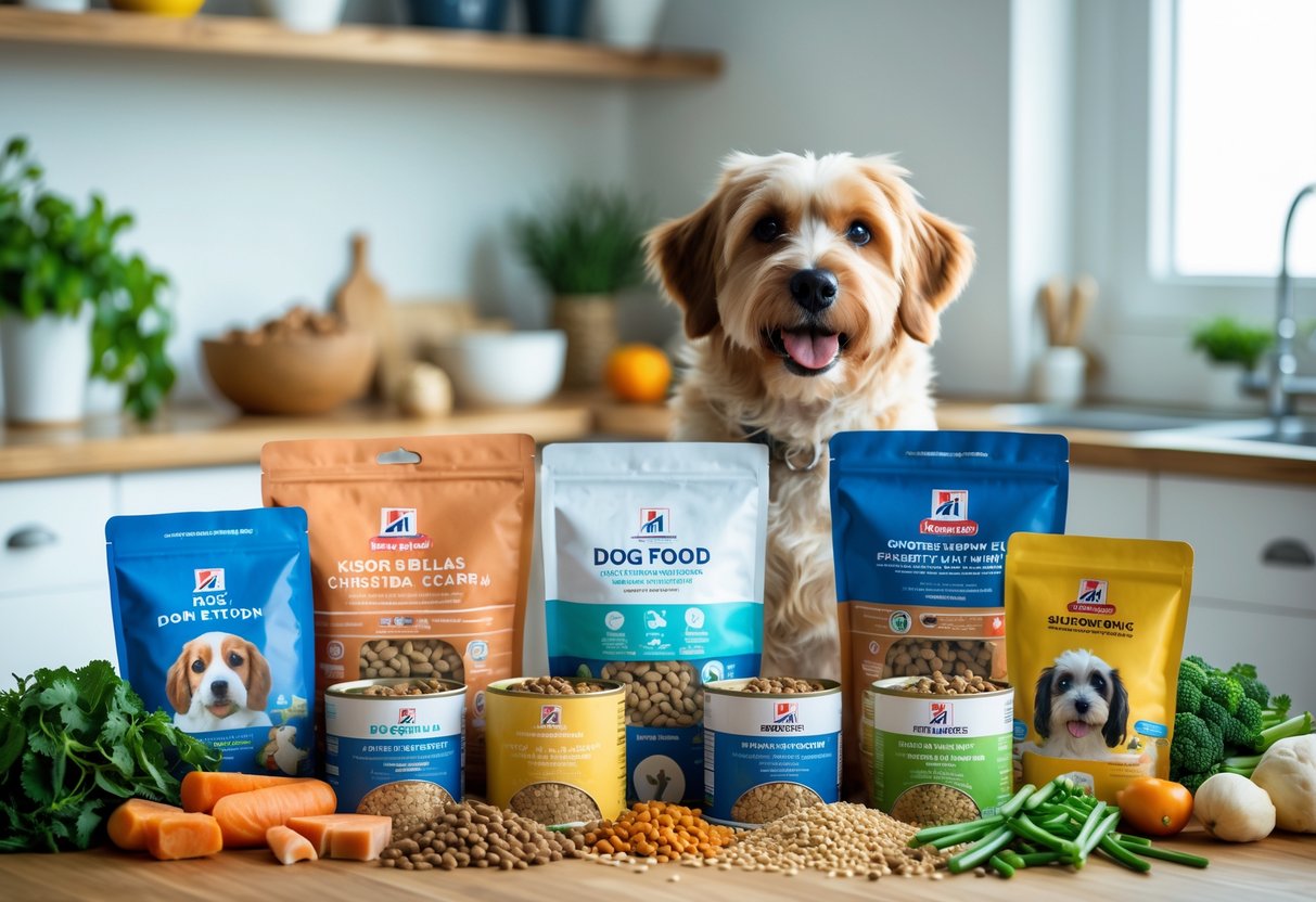 A happy dog looking at an assortment of dog food bags, cans, and fresh ingredients arranged on a table.