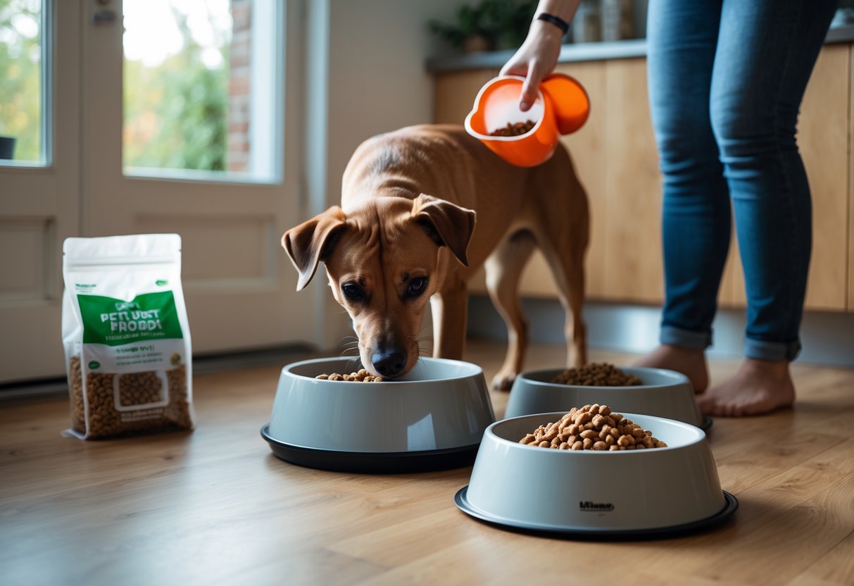 A dog eating from a bowl on a wooden floor with two bowls of dry and wet dog food nearby and a person pouring food into one bowl.