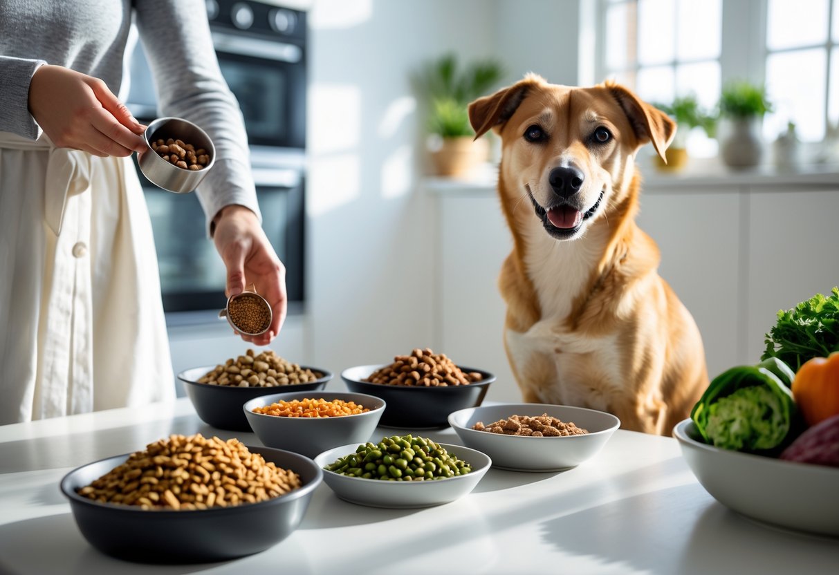 A healthy dog sitting next to bowls of different types of dog food in a bright kitchen, with a person preparing the food.