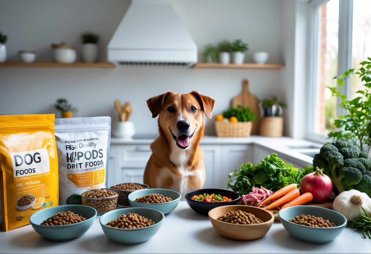 A dog looking at bowls of dog food and fresh ingredients on a kitchen counter.