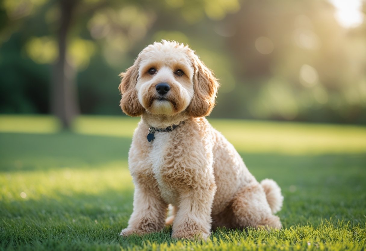 A Cockapoo dog sitting on green grass outdoors, looking directly at the camera with a calm expression.