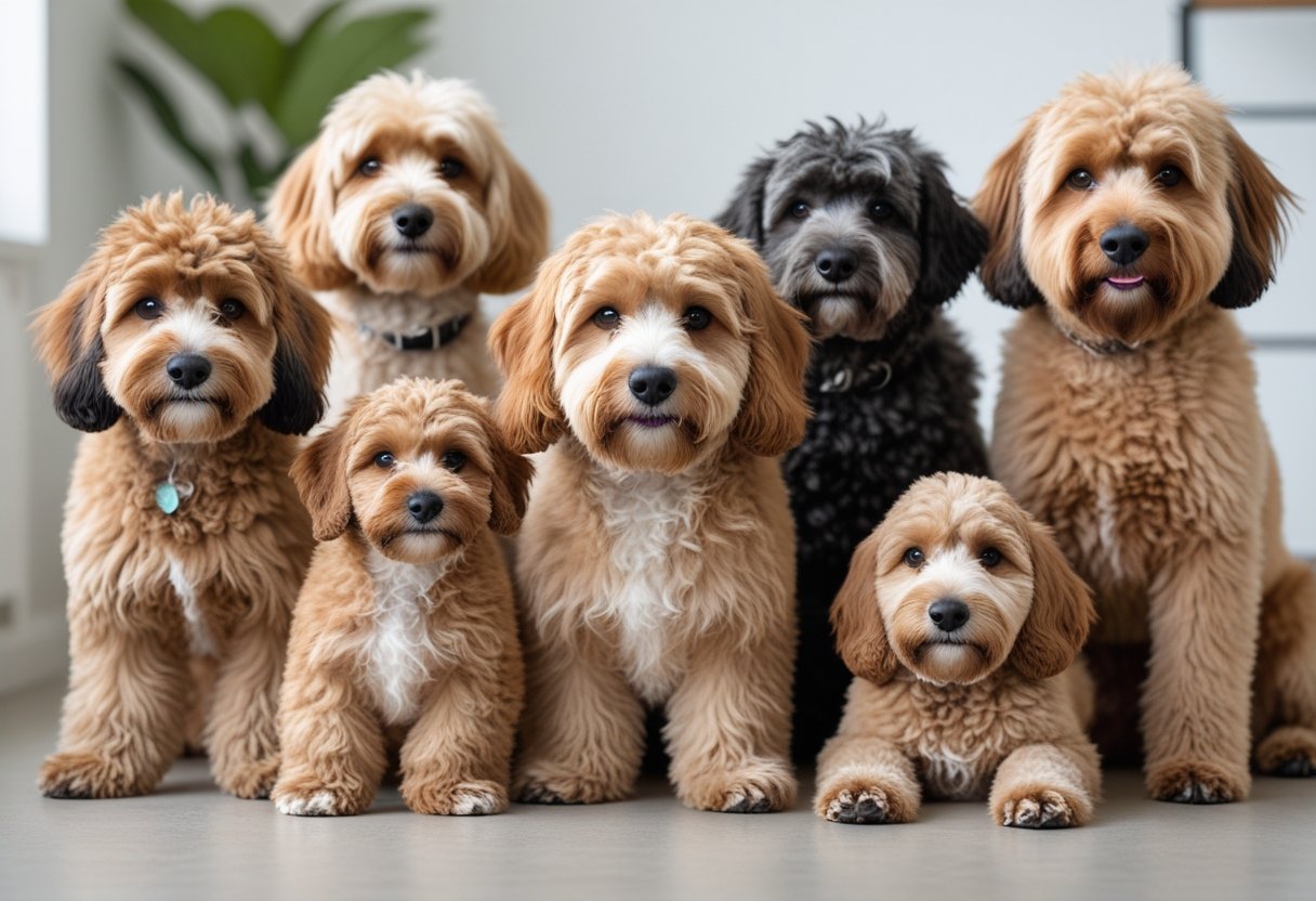 Several Cockapoo dogs of different sizes and coat types sitting and standing together indoors.