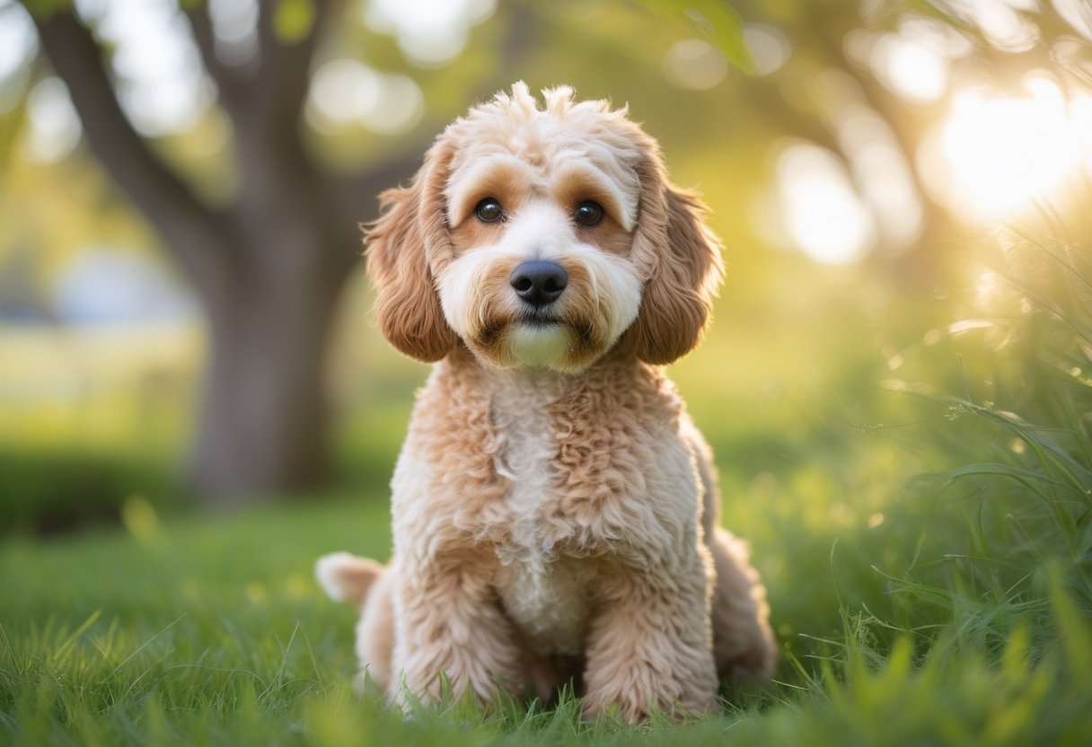 A Cockapoo dog sitting on green grass outdoors, looking attentively towards the camera with a gentle expression.