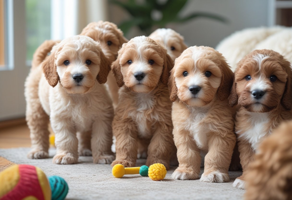 A group of playful Cockapoo puppies with curly fur in a bright, cosy room with toys and a dog bed.