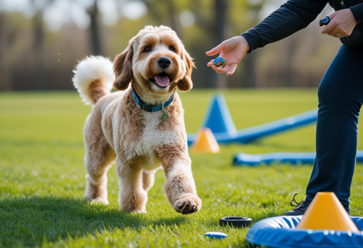A Cockapoo dog attentively participating in an outdoor training session with a person, surrounded by green grass.