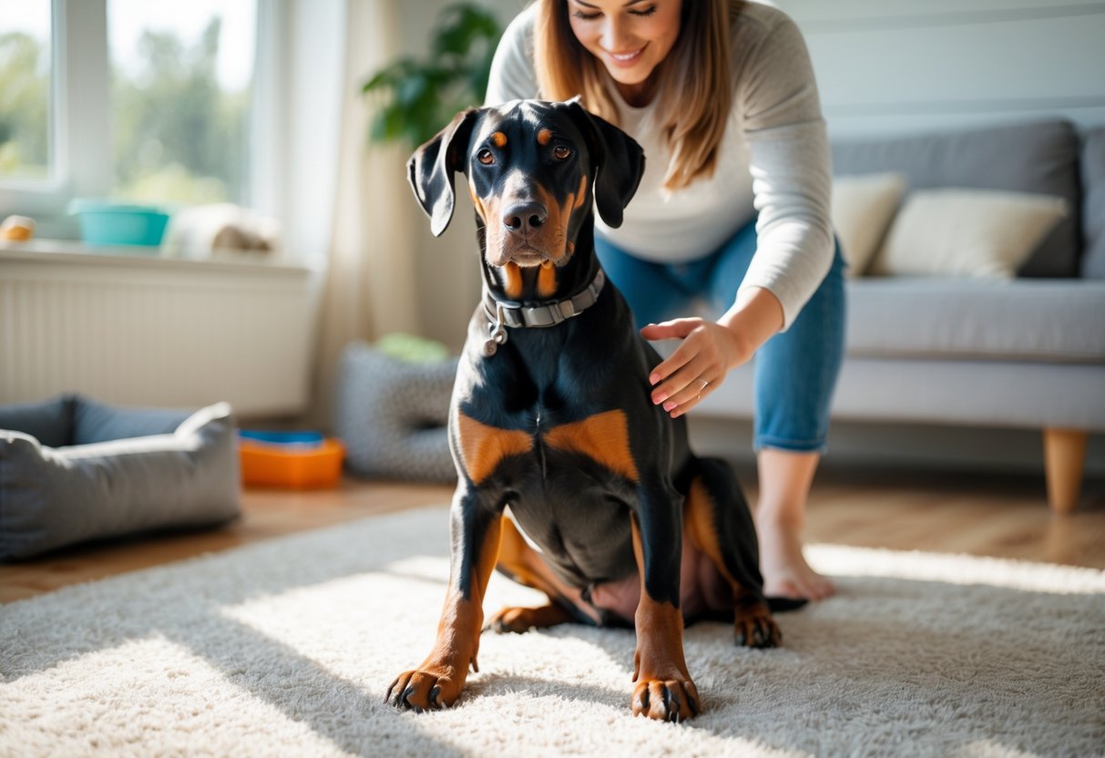 A Doberman dog sitting calmly indoors while a person gently pets it.