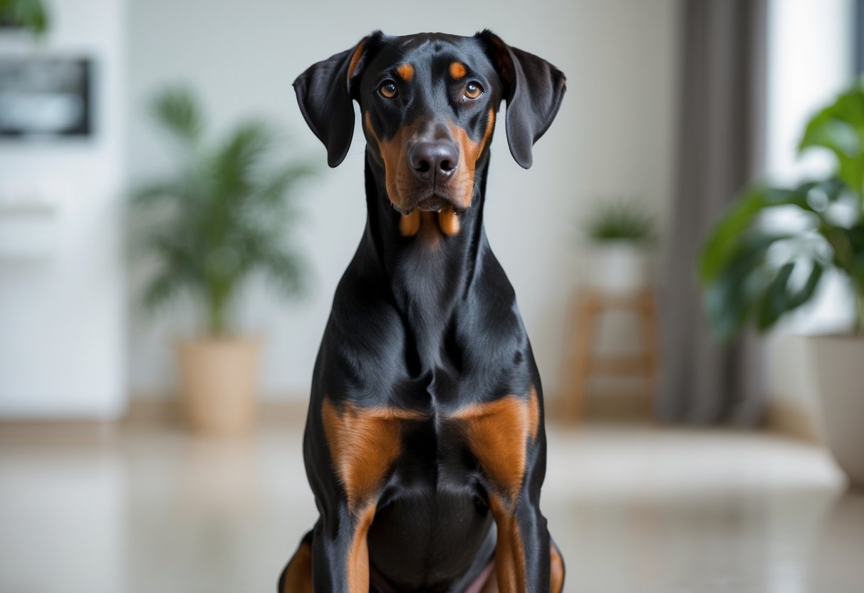 A Doberman dog sitting attentively indoors with a blurred background and natural light.