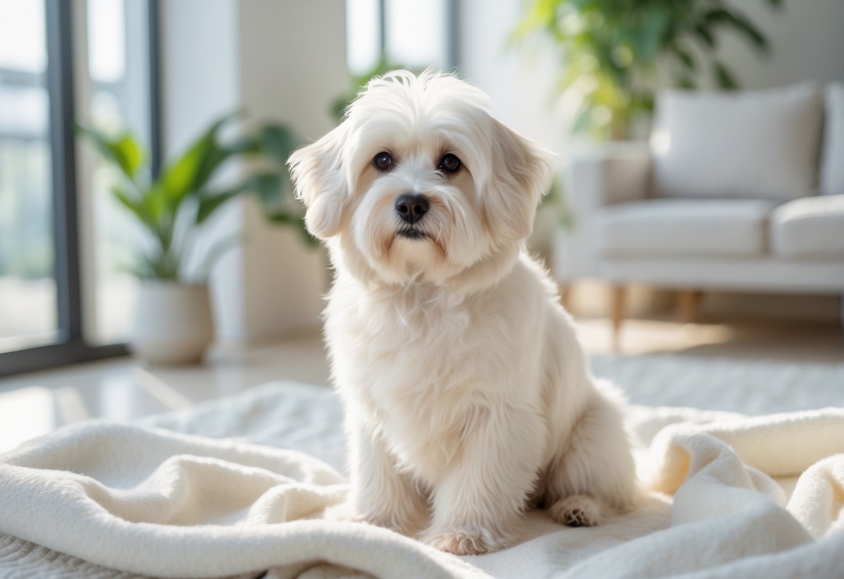 A white Coton de Tulear dog sitting on a blanket in a bright living room.