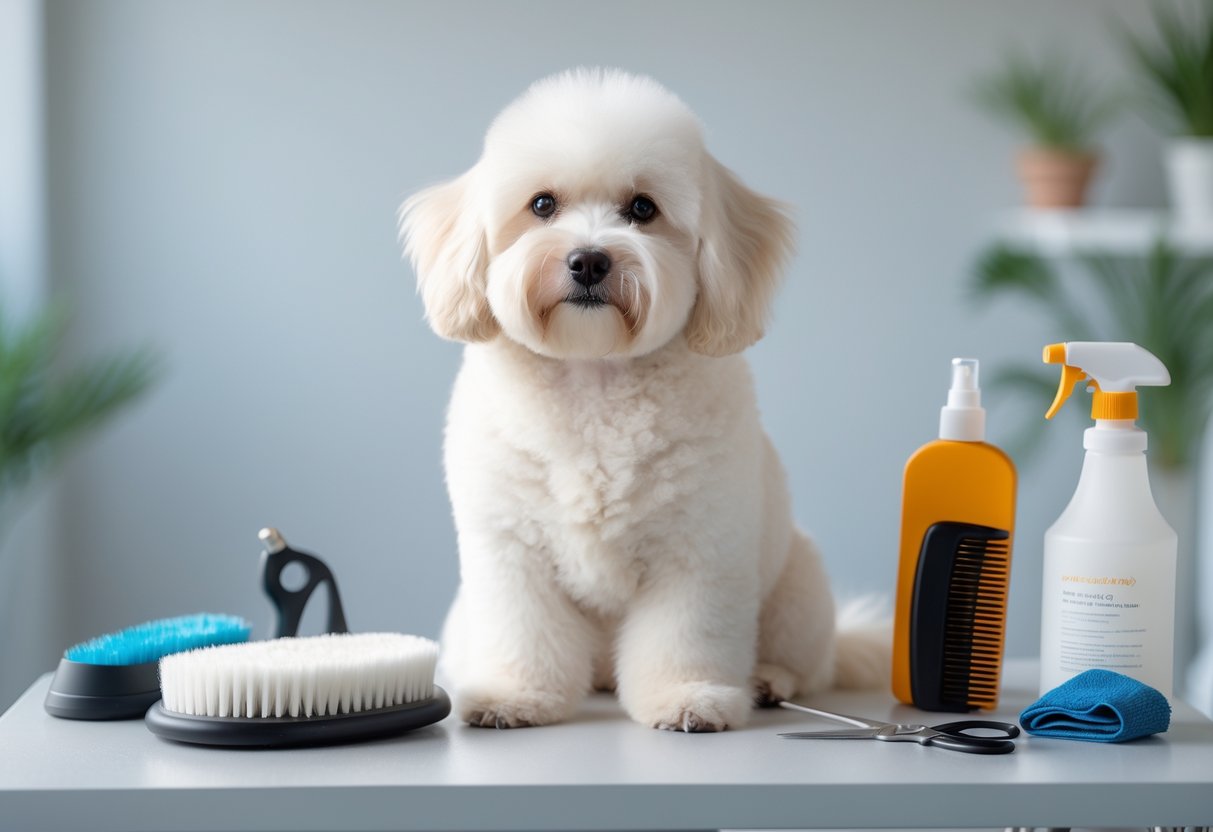 A Coton de Tulear dog sitting on a grooming table with grooming tools around it.