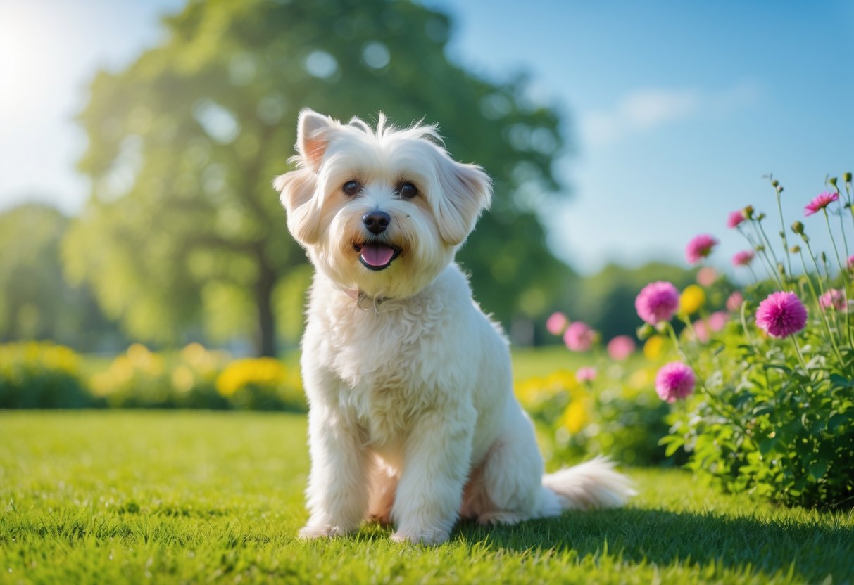 A fluffy white Coton de Tulear dog sitting on green grass in a sunny park with flowers and trees around.