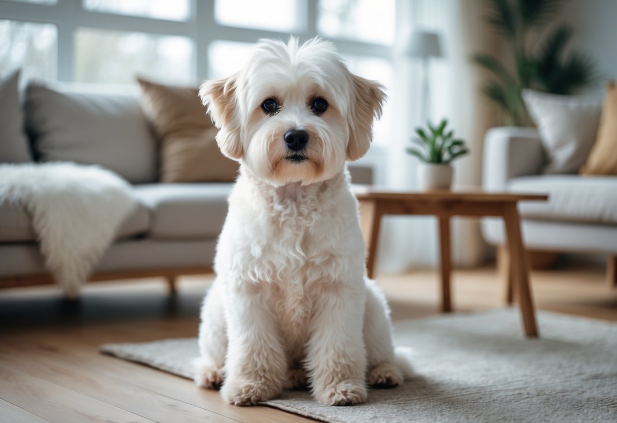 A fluffy white Coton de Tulear dog sitting on a living room floor with a sofa and coffee table in the background.