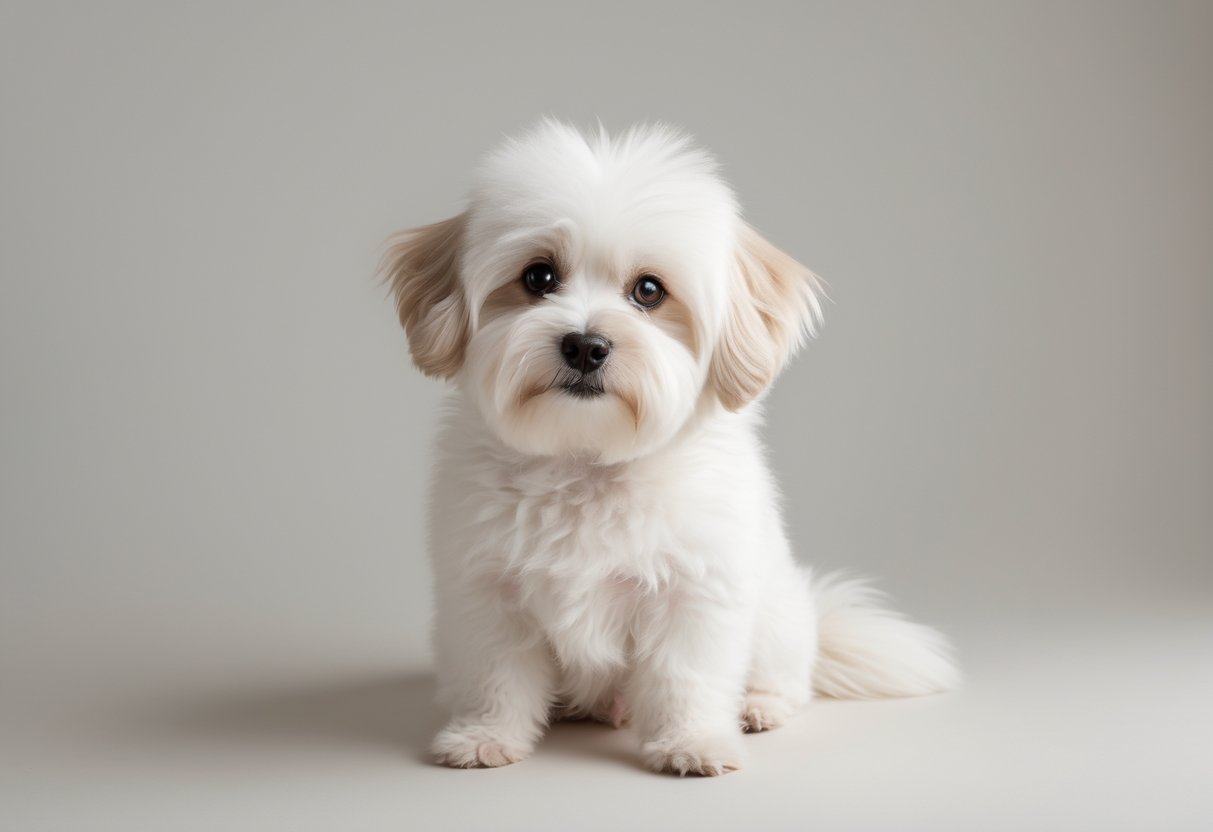 A small white Coton de Tulear dog sitting and looking attentively towards the camera on a plain background.