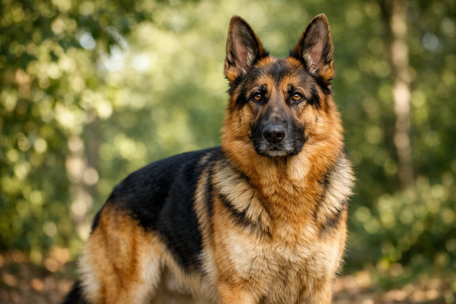 A German Shepherd dog standing outdoors with green trees in the background.