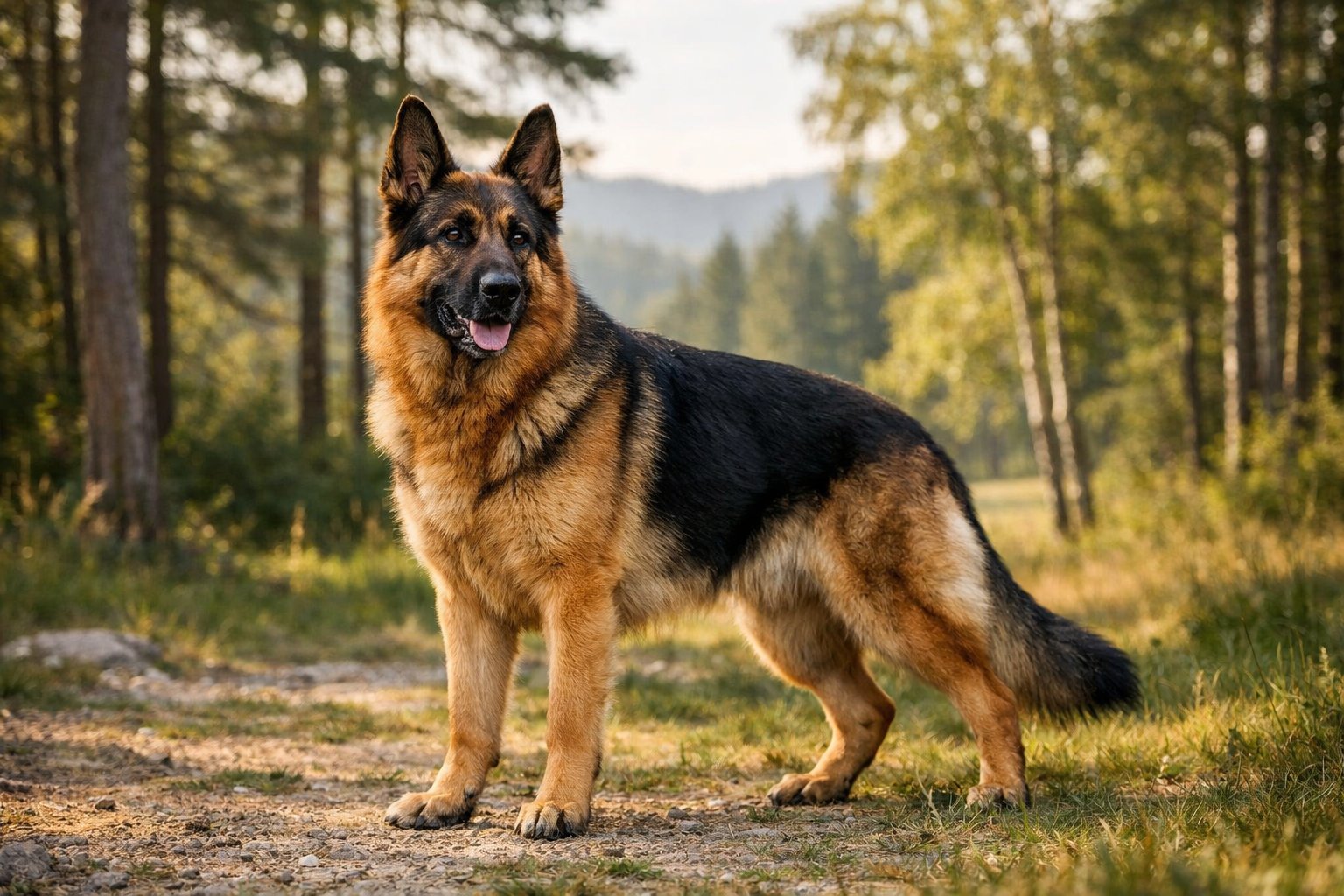 A German Shepherd dog standing alert in a forest with sunlight filtering through the trees.