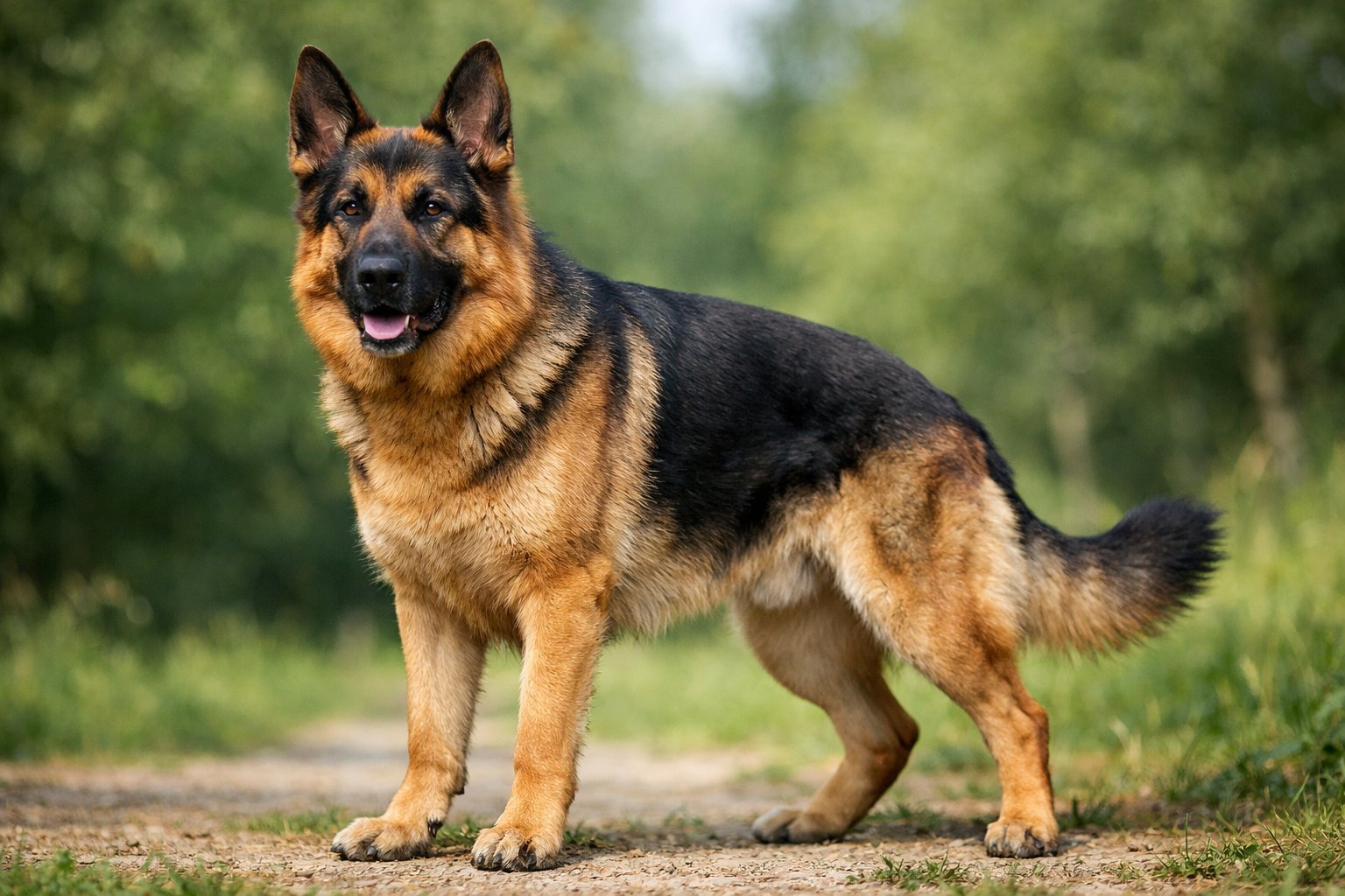 A German Shepherd dog standing alert outdoors with a blurred green background.