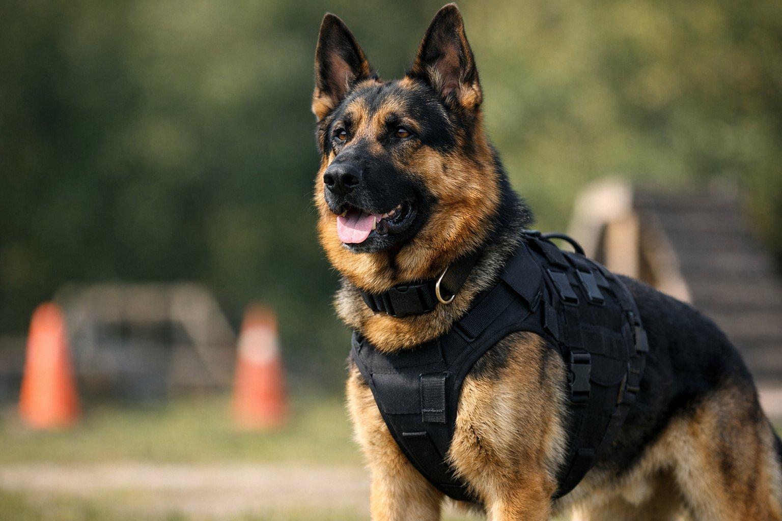 A German Shepherd dog standing alert outdoors with a focused expression.