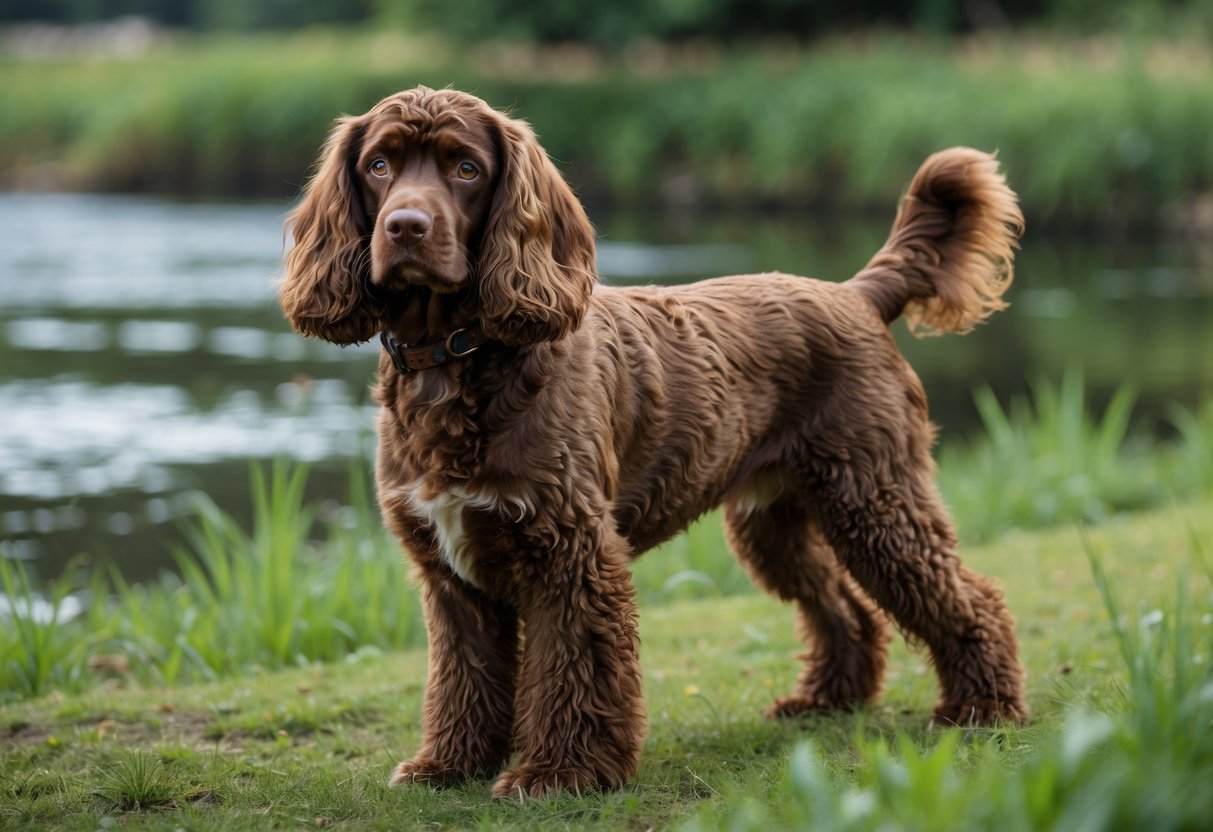 An English Water Spaniel standing by a river with green grass and water in the background.