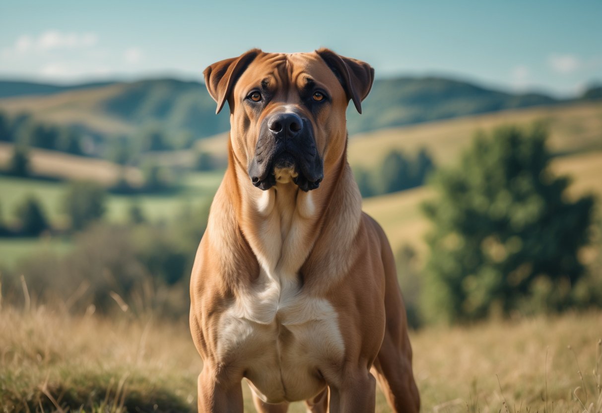A large, muscular ancient dog standing outdoors in a countryside landscape with hills and trees.