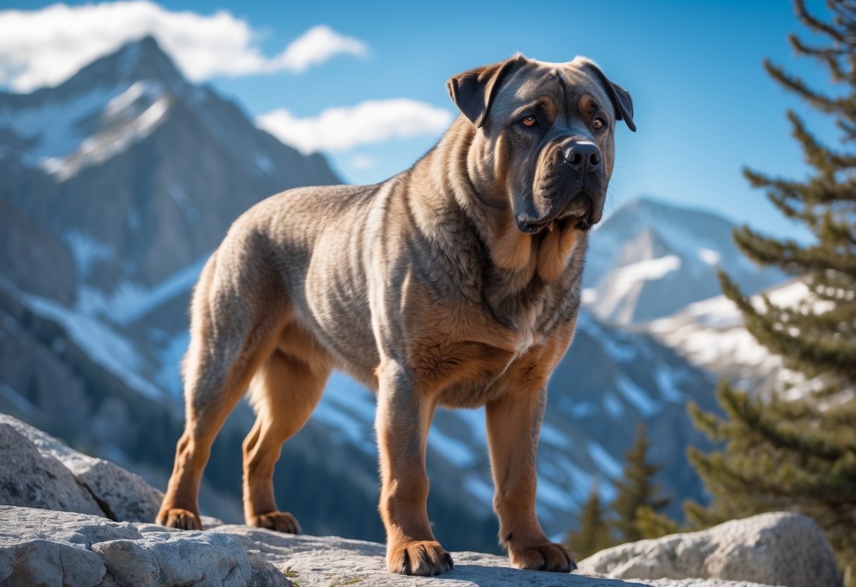 A large Alpine Mastiff dog standing on rocky mountain terrain with snow-capped peaks and pine trees in the background.