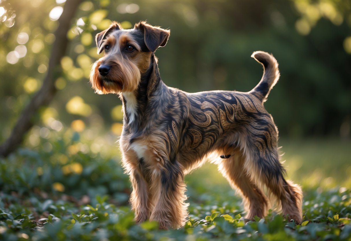 A Paisley Terrier dog with a long, patterned coat standing outdoors in a green area with sunlight filtering through trees.