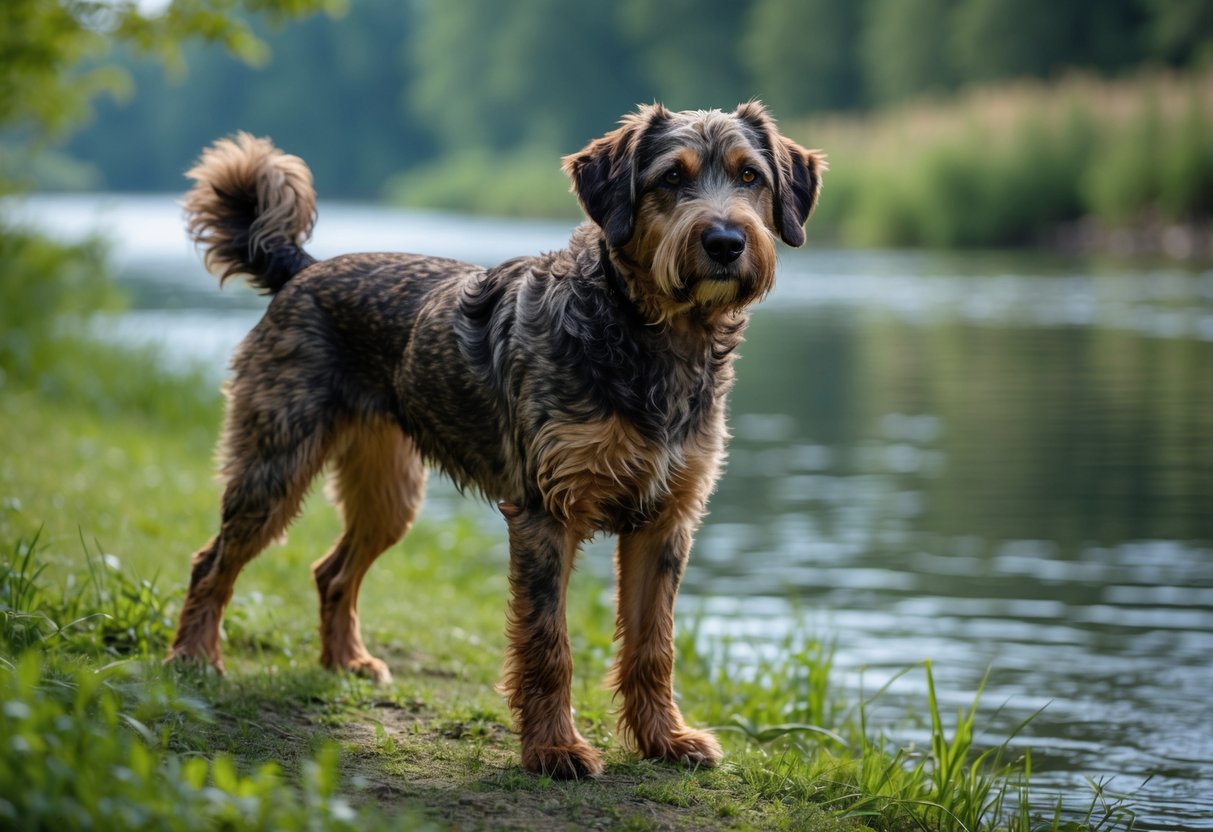 A medium-sized brown and black dog with curly fur standing alert by a riverbank surrounded by green trees and grass.