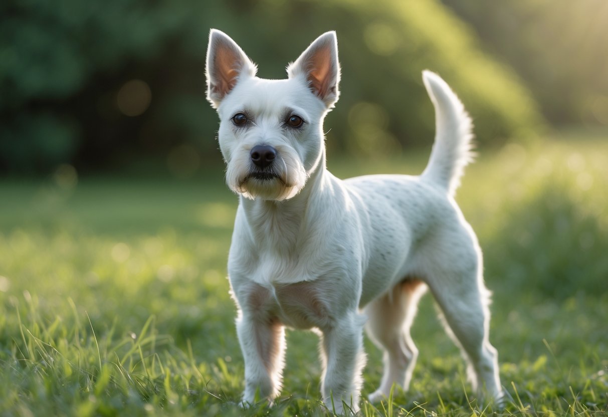 An English White Terrier standing on grass with green foliage in the background.